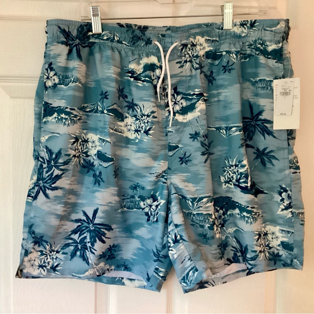 Old Navy Blue and White Swim Trunks Tropical Print